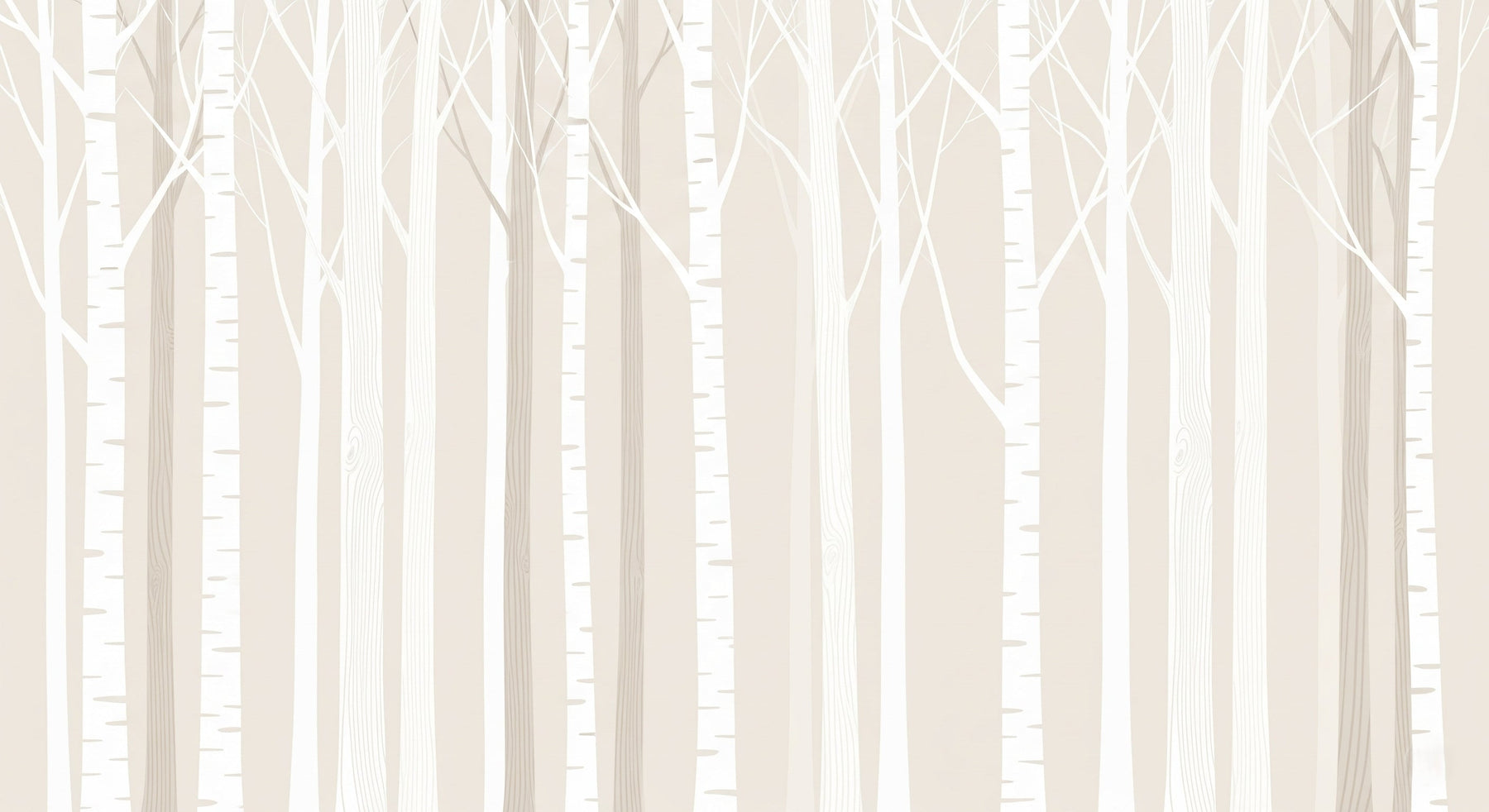 Detailed forest trees mural wallpaper design pattern showing white tree trunks on beige by Kids-Mundo