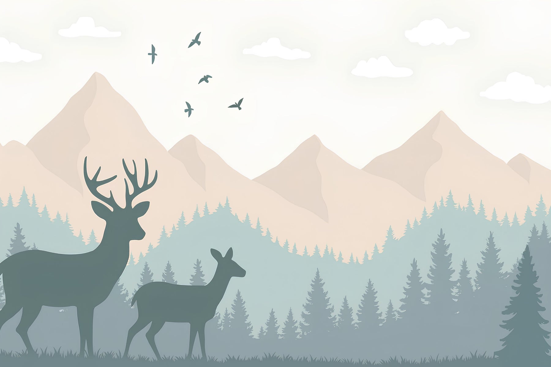 Detailed forest wildlife mural wallpaper design pattern showing deer and misty woodland scene by Kids-Mundo