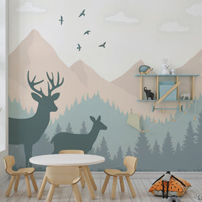 Peaceful forest animal wallpaper complementing natural wood furniture in kids room by Kids-Mundo