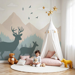 Forest wildlife mural wallpaper with deer and misty mountains in peaceful nursery by Kids-Mundo
