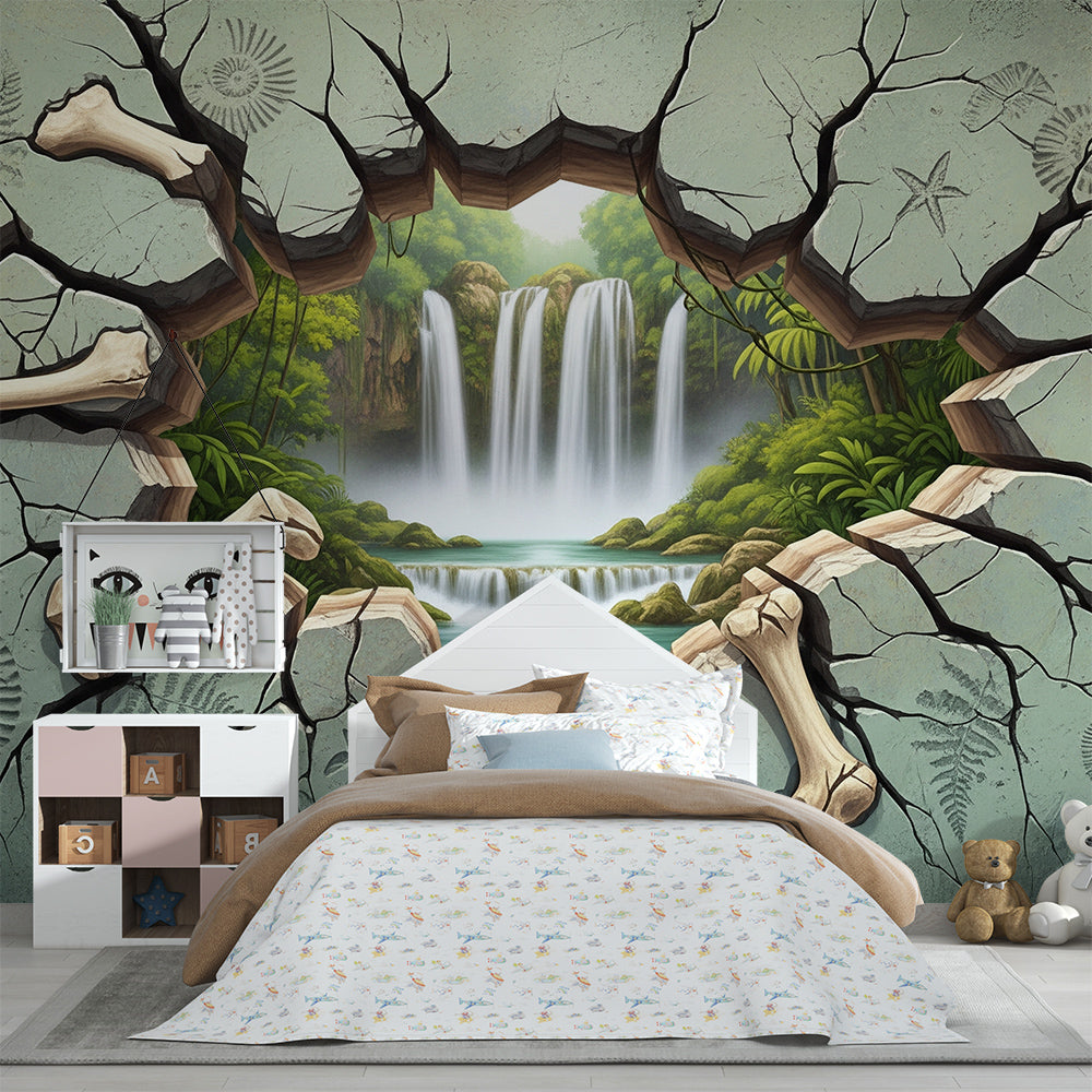 Kids-Mundo dinosaur fossil mural with jungle waterfall behind a kids bedroom bed