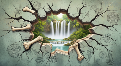 Kids-Mundo flat artwork of a cracked fossil wall opening onto a jungle waterfall