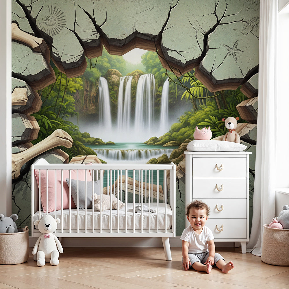Kids-Mundo fossil crack jungle wall mural in a soft grey-green nursery