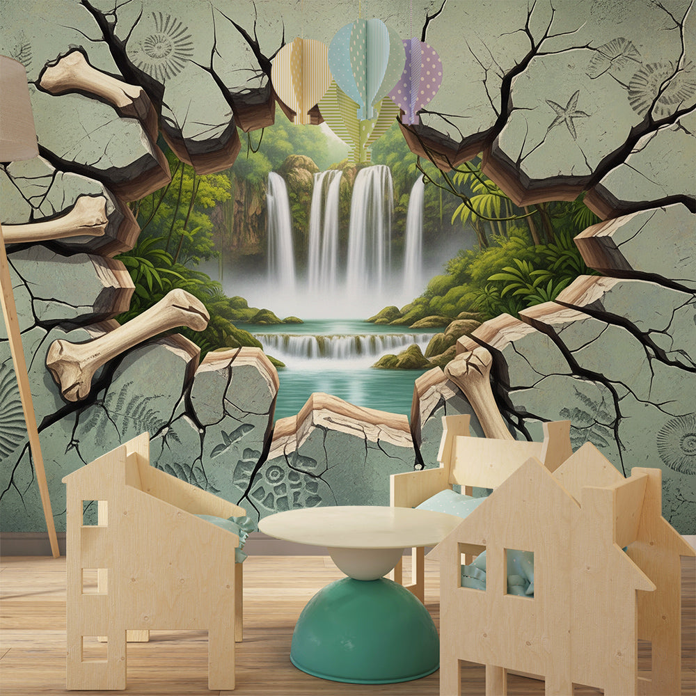 Kids-Mundo fossil dig dinosaur mural bringing a jungle scene to a playroom wall