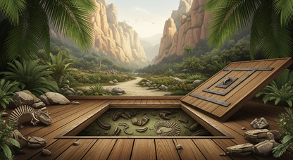 Kids-Mundo flat artwork of a fossil dig crate opening onto a desert dinosaur canyon