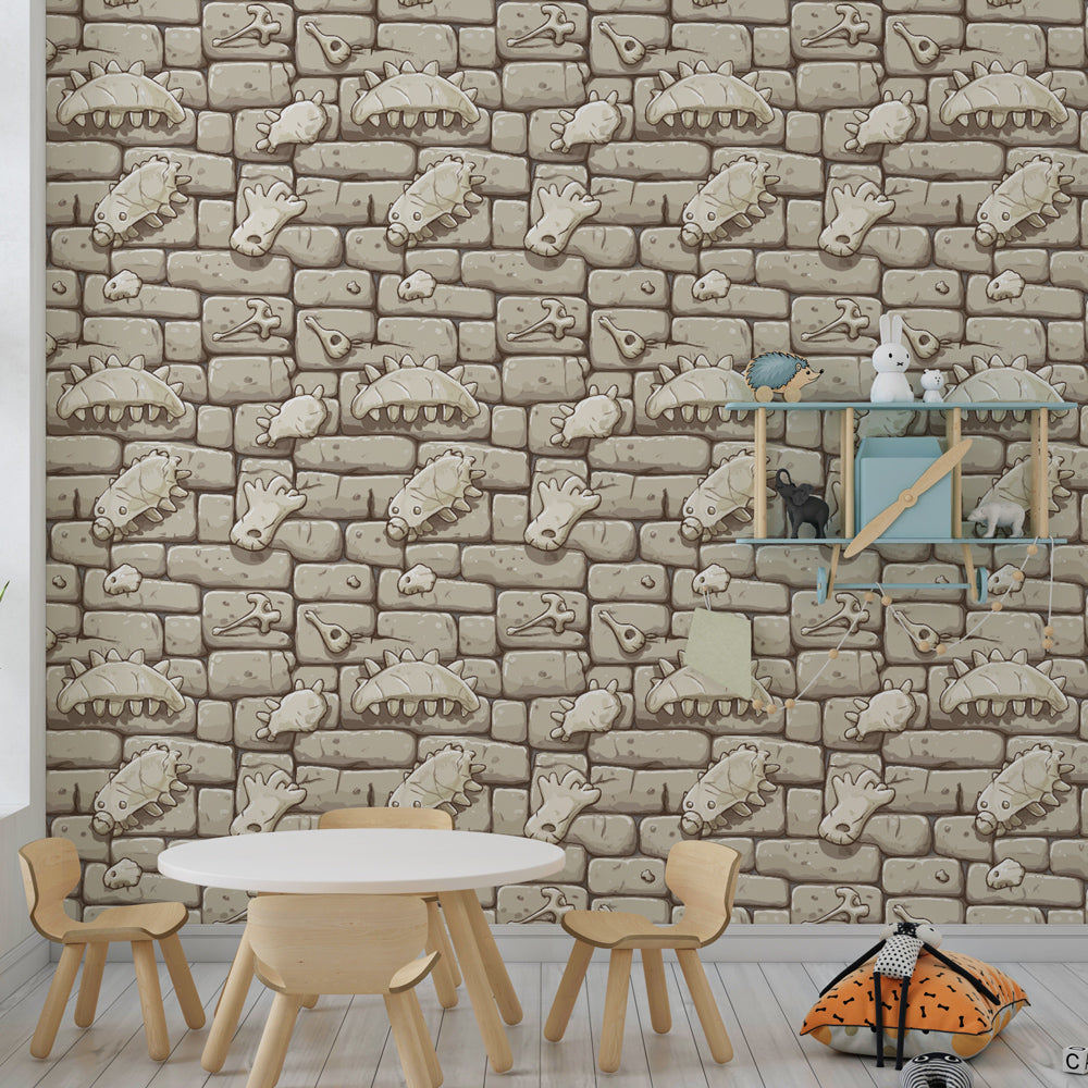 Stone wall fossil wallpaper decorating nursery with prehistoric adventure theme and natural wood furniture