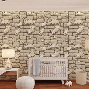 Educational fossil mural wallpaper inspiring scientific curiosity in bright children's playroom setting