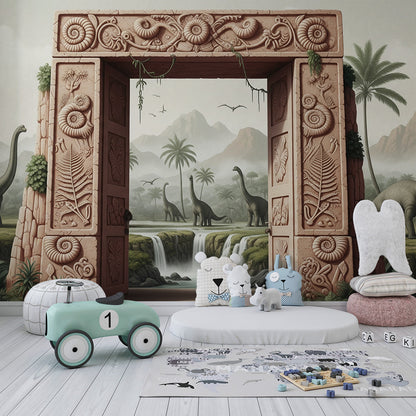 Kids-Mundo stone archway dinosaur mural bringing jungle adventure to a playroom wall.