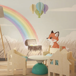Curious fox and rainbow treasure wallpaper creating magical kids bedroom atmosphere