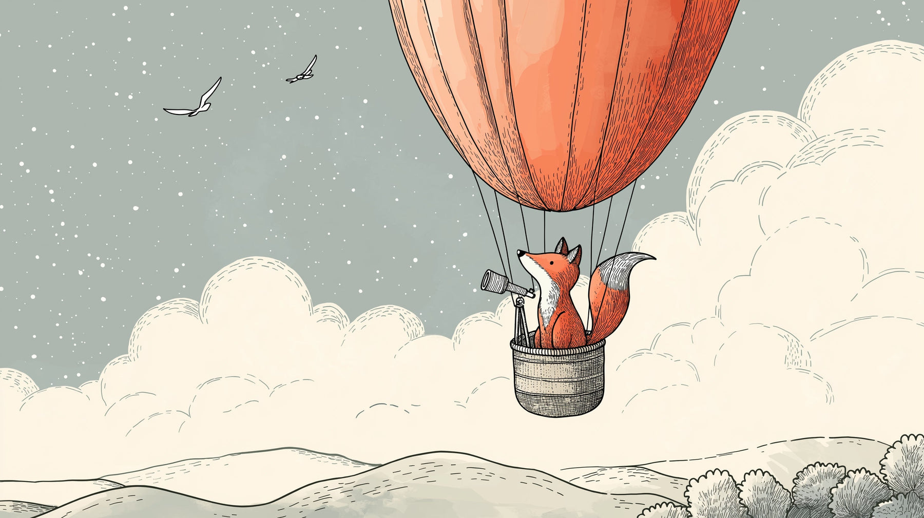 Detailed fox hot air balloon mural wallpaper design pattern with telescope by Kids-Mundo