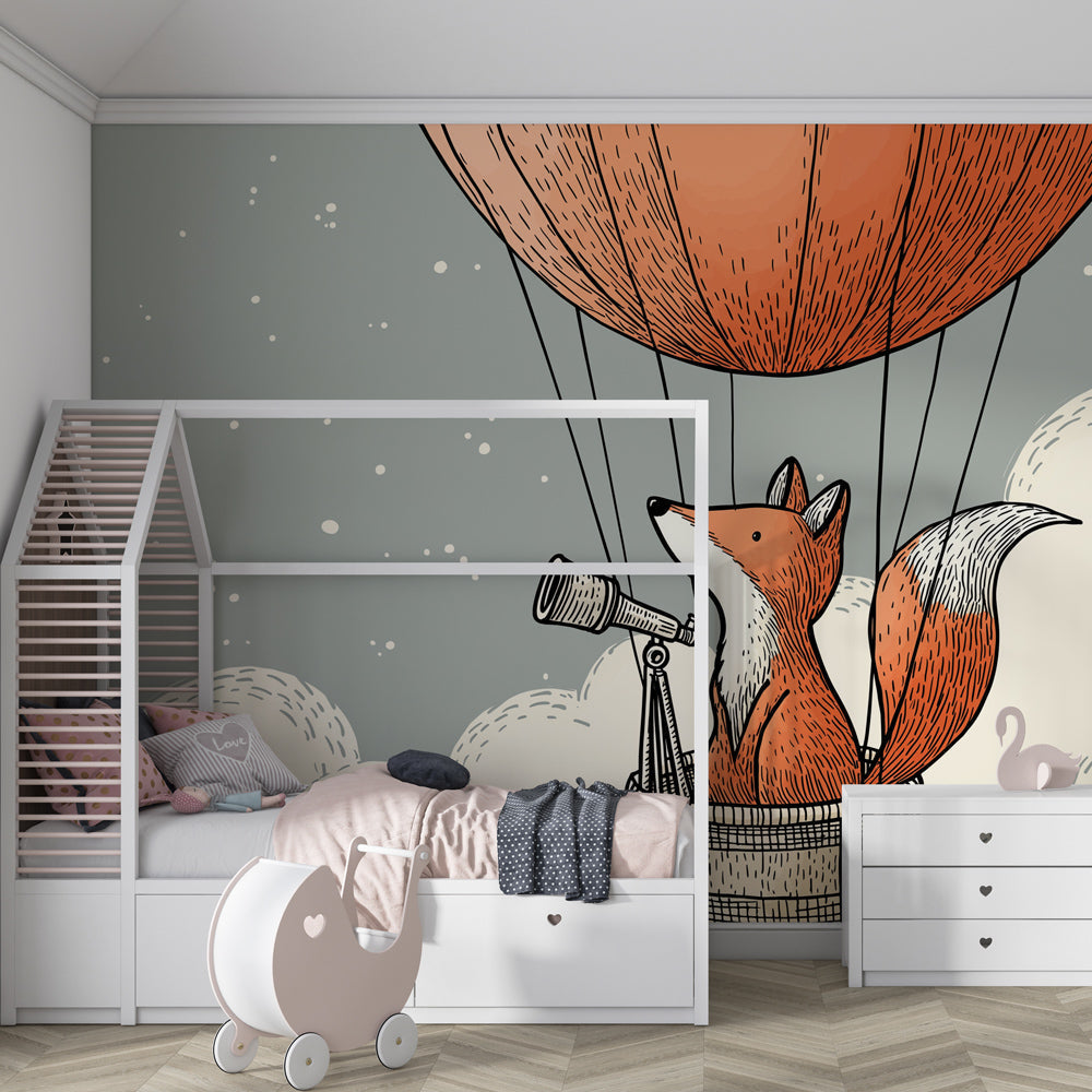 Hot air balloon fox mural wallpaper inspiring imagination in kids playroom setting