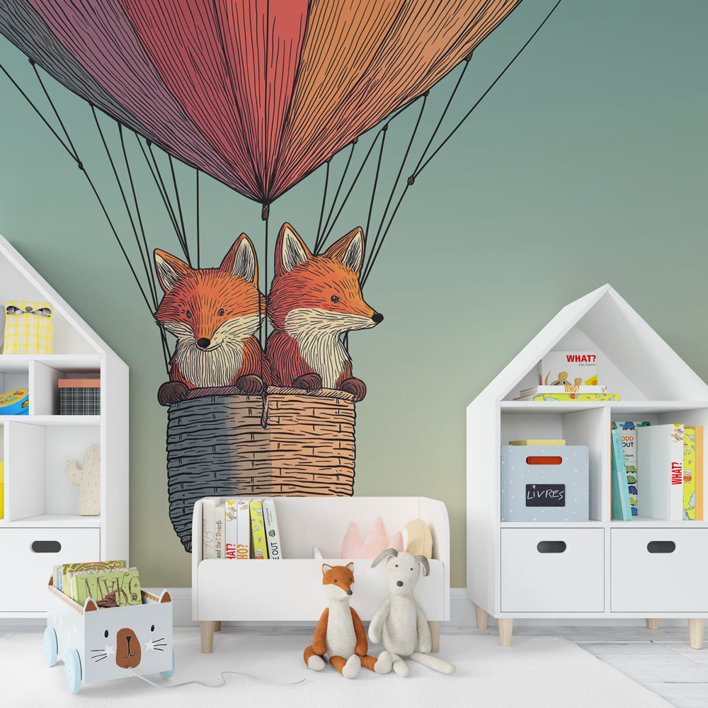 Adventure-themed fox mural wallpaper transforming kids playroom into imaginative exploration space