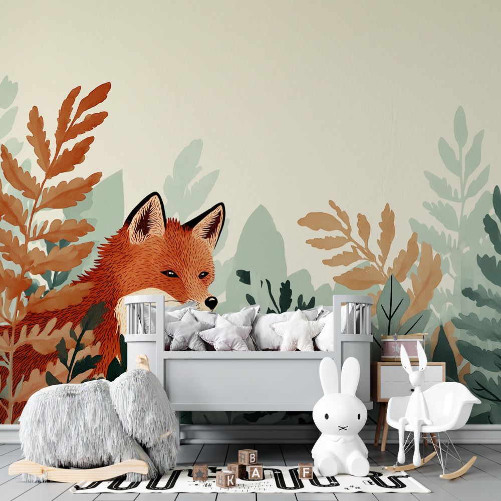Kids-Mundo fox peeking through autumn ferns wall mural in a cosy kids bedroom