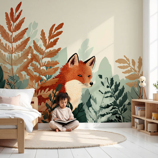 Kids-Mundo fox wall mural with autumn ferns styled in a warm, calming nursery setting