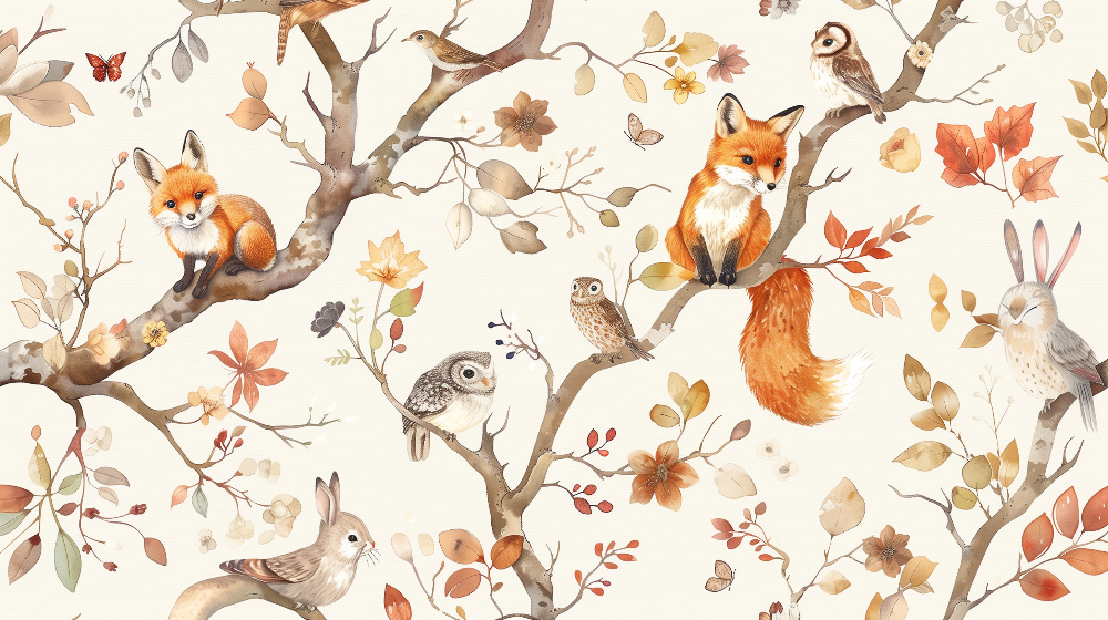 Kids-Mundo flat artwork of a fox, two owls, a rabbit and butterflies on branches with autumn leaves.