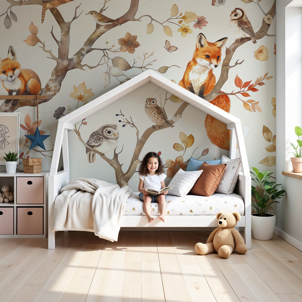 Kids-Mundo fox and owl branch wall mural styled behind a cot in a warm-toned nursery.