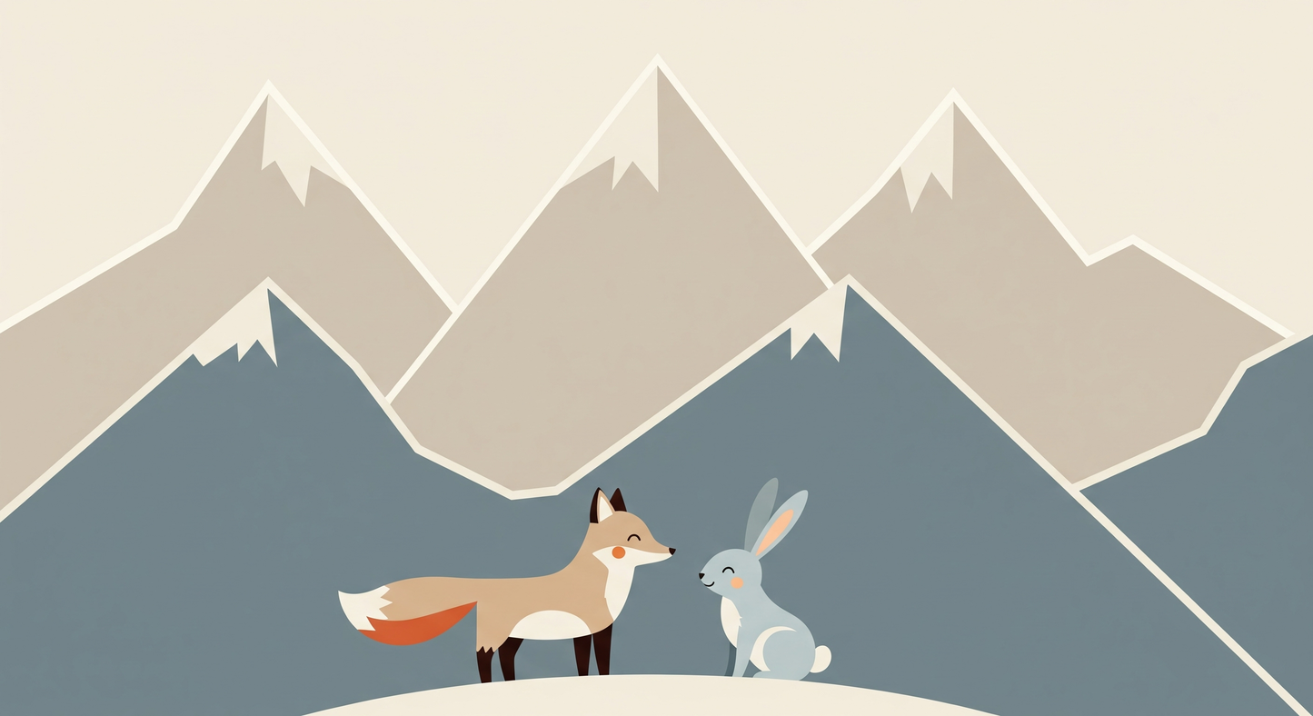 Kids-Mundo flat artwork of a fox and rabbit meeting among triangular mountains