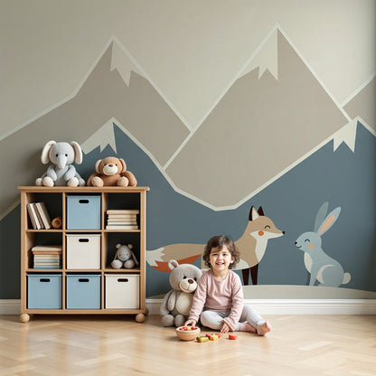 Kids-Mundo fox and rabbit mountain wall mural styled in a soft, cosy nursery
