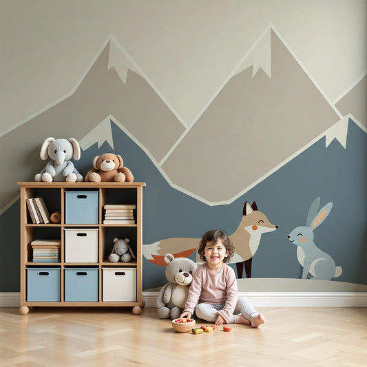 Kids-Mundo fox and rabbit mountain wall mural styled in a soft, cosy nursery
