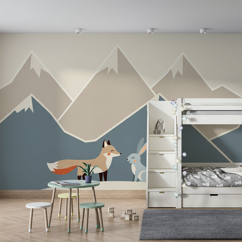 Kids-Mundo fox and rabbit mountain mural decorating a bright, friendly playroom