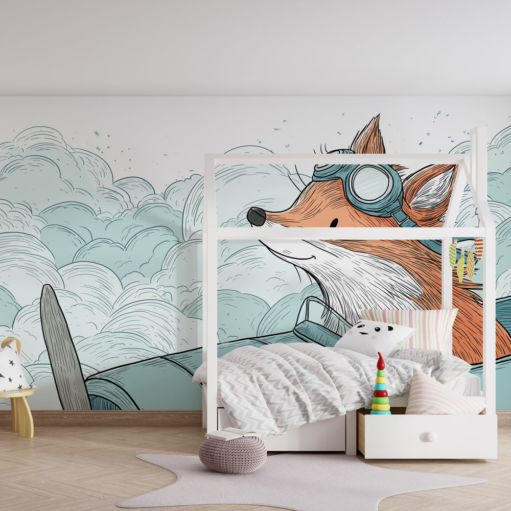 Fox airplane mural wallpaper inspiring imaginative play in kids playroom decor