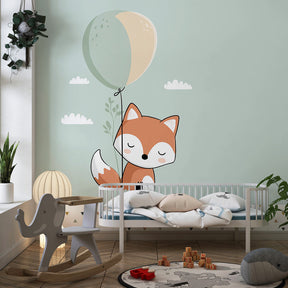 Playful fox with balloon wallpaper decorating modern baby room with wooden furniture