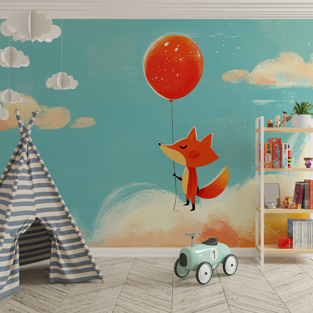 Animal themed fox balloon mural wallpaper transforming kids playroom into adventure space