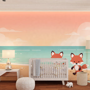 Playful fox seaside wallpaper creating peaceful atmosphere in kids bedroom