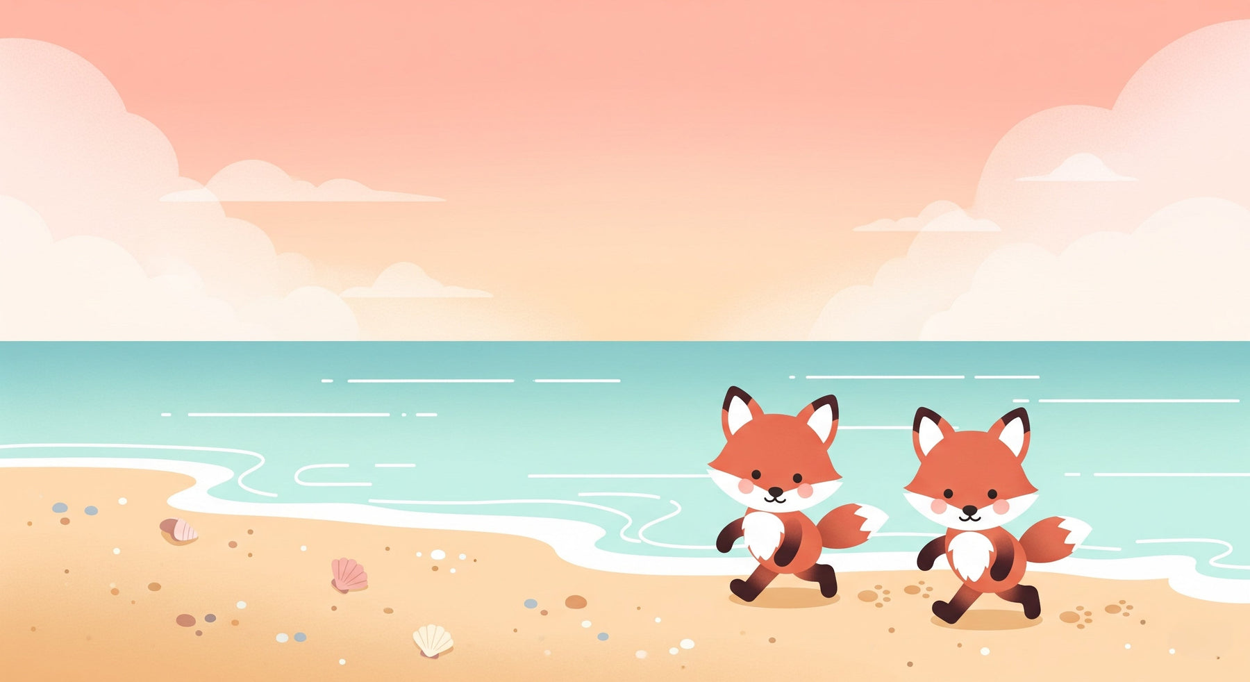 Detailed fox beach mural wallpaper design pattern showing playful foxes on shoreline by Kids-Mundo