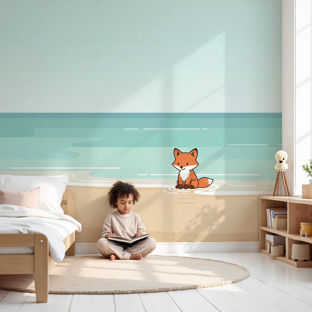 Fox beach mural wallpaper in coastal-themed nursery with natural wood furniture by Kids-Mundo
