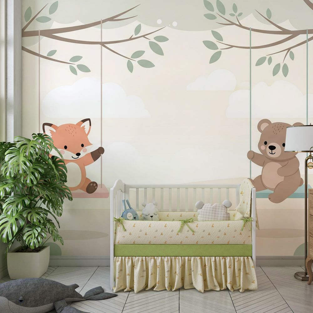 Swinging animals mural wallpaper in soft beige tones for baby room by Kids-Mundo