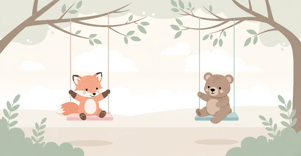Detailed fox and bear swinging animals mural wallpaper design pattern by Kids-Mundo