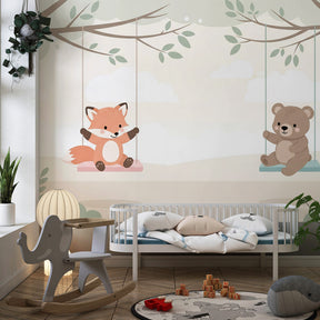 Woodland animal wallpaper featuring foxes and bears for children's bedroom decor
