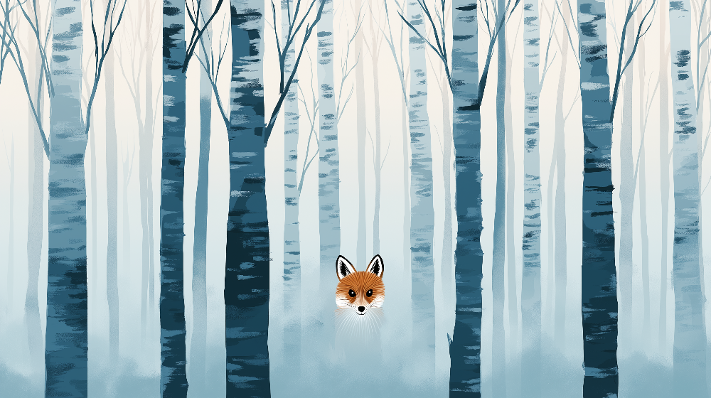 Kids-Mundo flat artwork of a fox peeking through a misty blue birch forest illustration