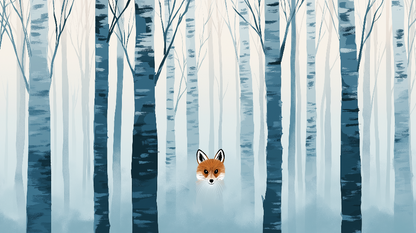 Kids-Mundo flat artwork of a fox peeking through a misty blue birch forest illustration