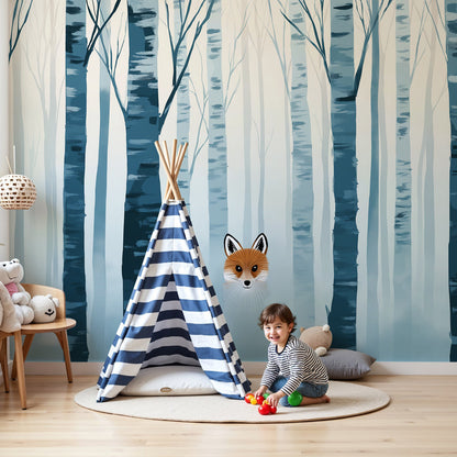 Kids-Mundo fox in a misty blue birch forest wall mural styled in a calm neutral nursery