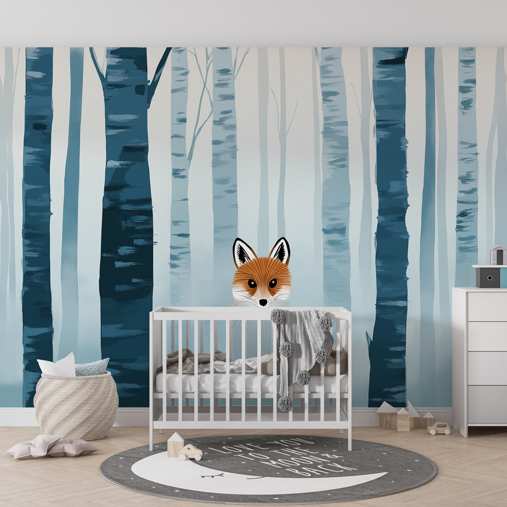 Kids-Mundo misty birch forest and fox wall mural bringing calm to a playroom wall