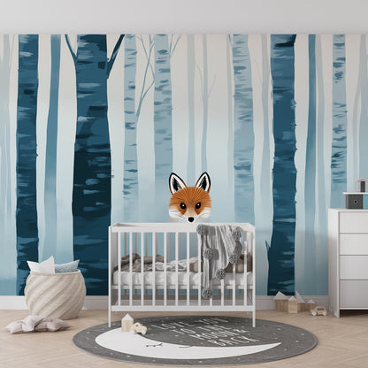 Kids-Mundo misty birch forest and fox wall mural bringing calm to a playroom wall