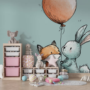 Gentle fox bunny balloon wallpaper transforming baby bedroom into magical woodland space