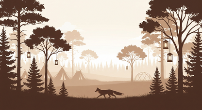 Kids-Mundo flat artwork of a sepia fox silhouette walking past teepees and hanging lanterns.