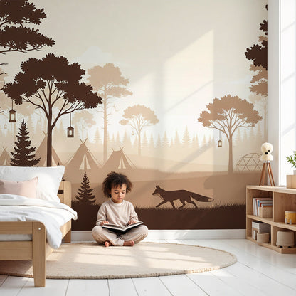 Kids-Mundo fox camp silhouette wall mural styled behind a cot in a warm-toned nursery.