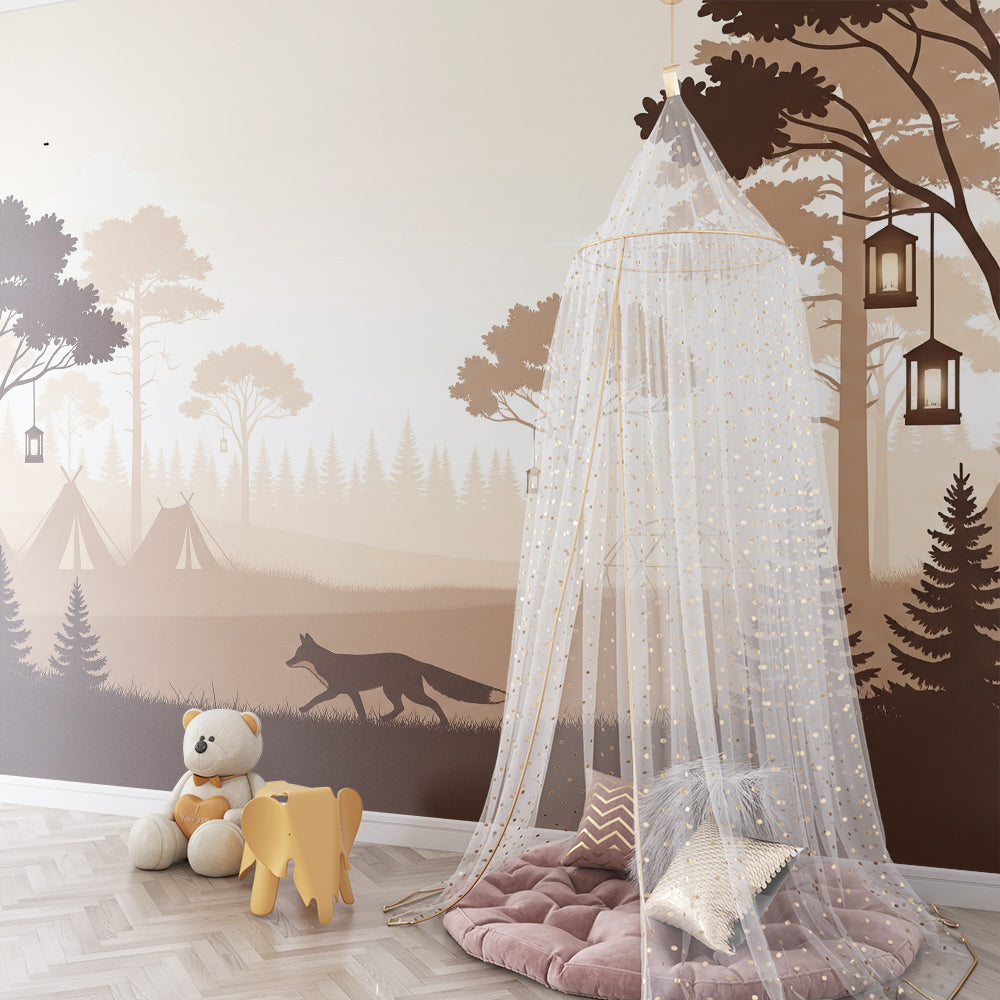 Kids-Mundo woodland camp wall mural bringing an adventure theme to a playroom wall.
