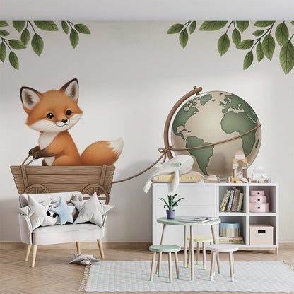 Kids-Mundo fox and globe wallpaper brightening a children's playroom corner