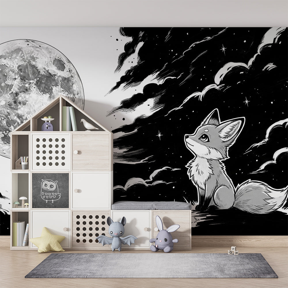 Kids-Mundo black and white fox and moon wall mural in a calm kids bedroom