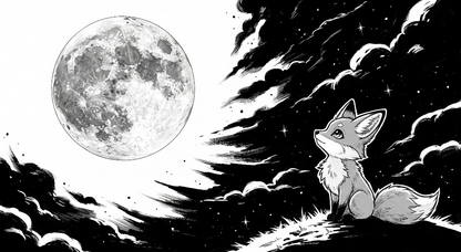 Kids-Mundo flat artwork of a fox cub sitting on a hill gazing up at a full moon