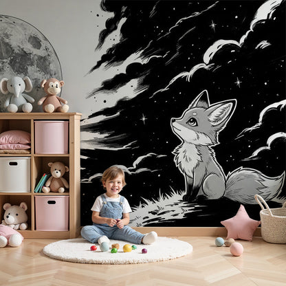 Kids-Mundo fox cub and full moon wall mural in a monochrome themed nursery