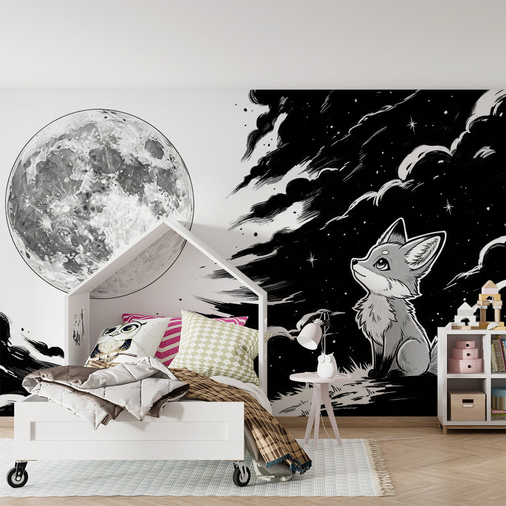 Kids-Mundo fox cub gazing at the moon mural bringing a storybook feel to a playroom