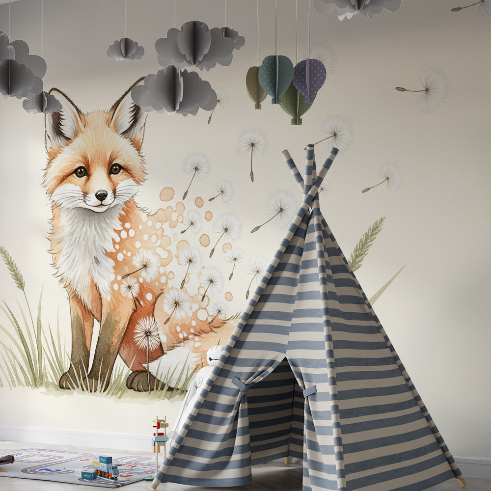 Kids-Mundo watercolour fox mural bringing dandelion seeds into a child's bedroom