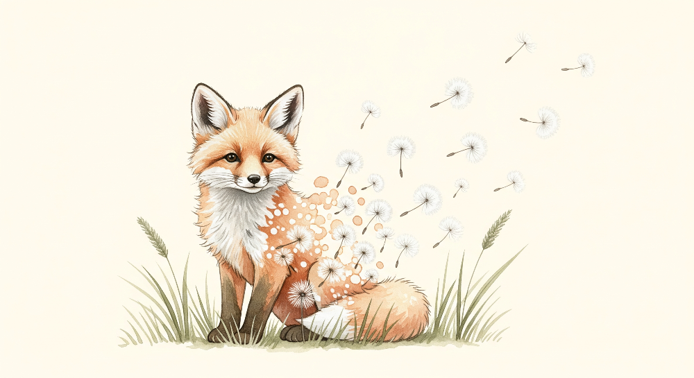Kids-Mundo flat artwork of a fox dissolving into drifting dandelion seeds on cream