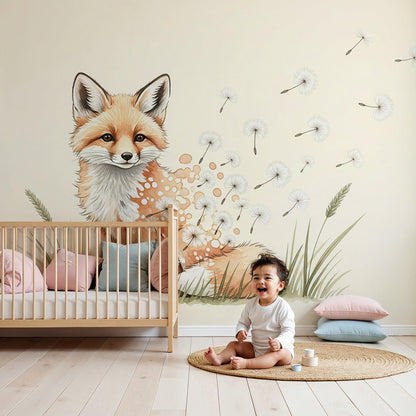 Kids-Mundo fox and dandelion wall mural styled as a calm focal point in a nursery